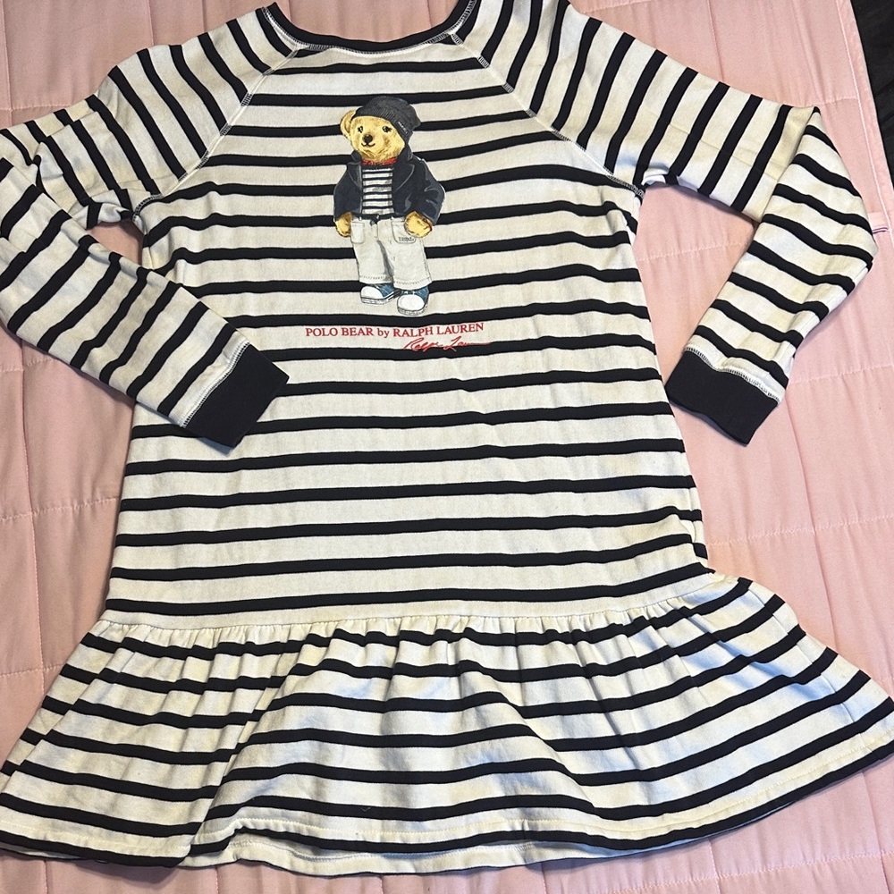 Ralph Lauren Navy and White Striped Dress with Bear Motif